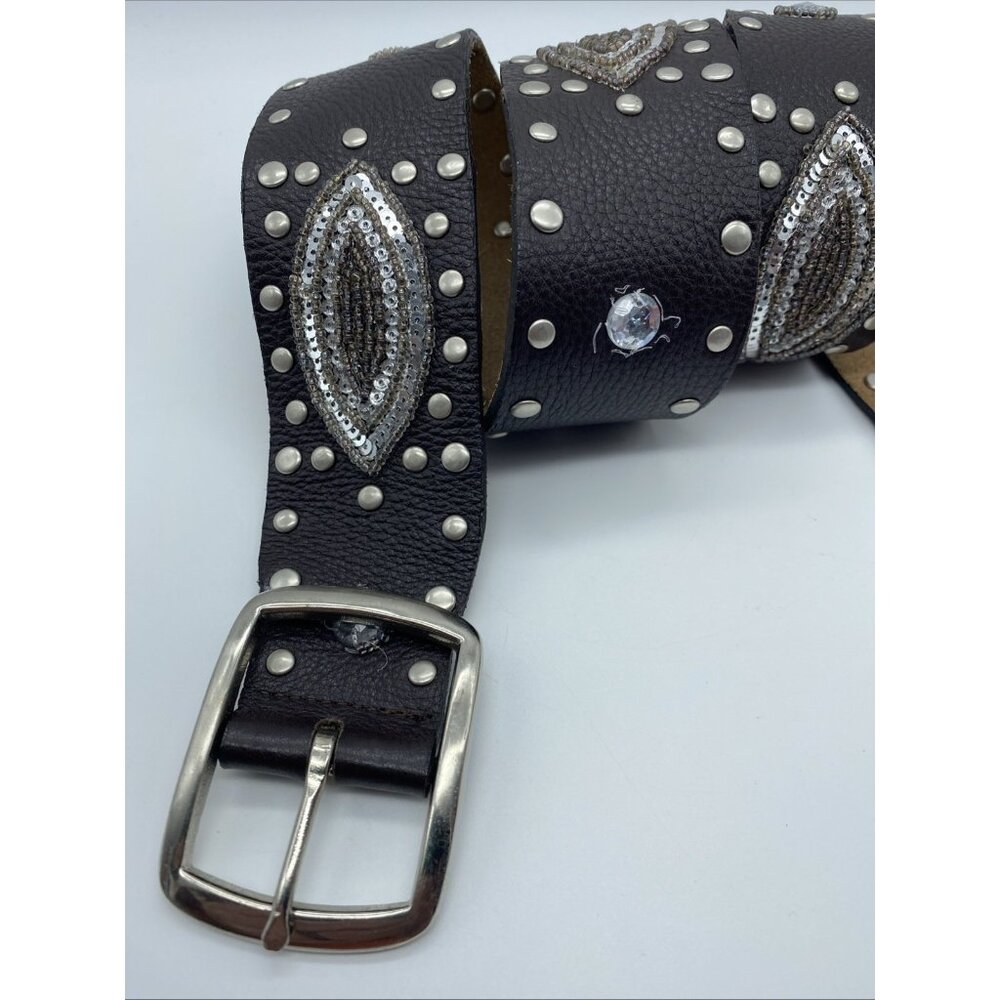 Brown Genuine Leather Belt F 20105 Women's Size M Stones, and Rivets - Picture 4 of 13